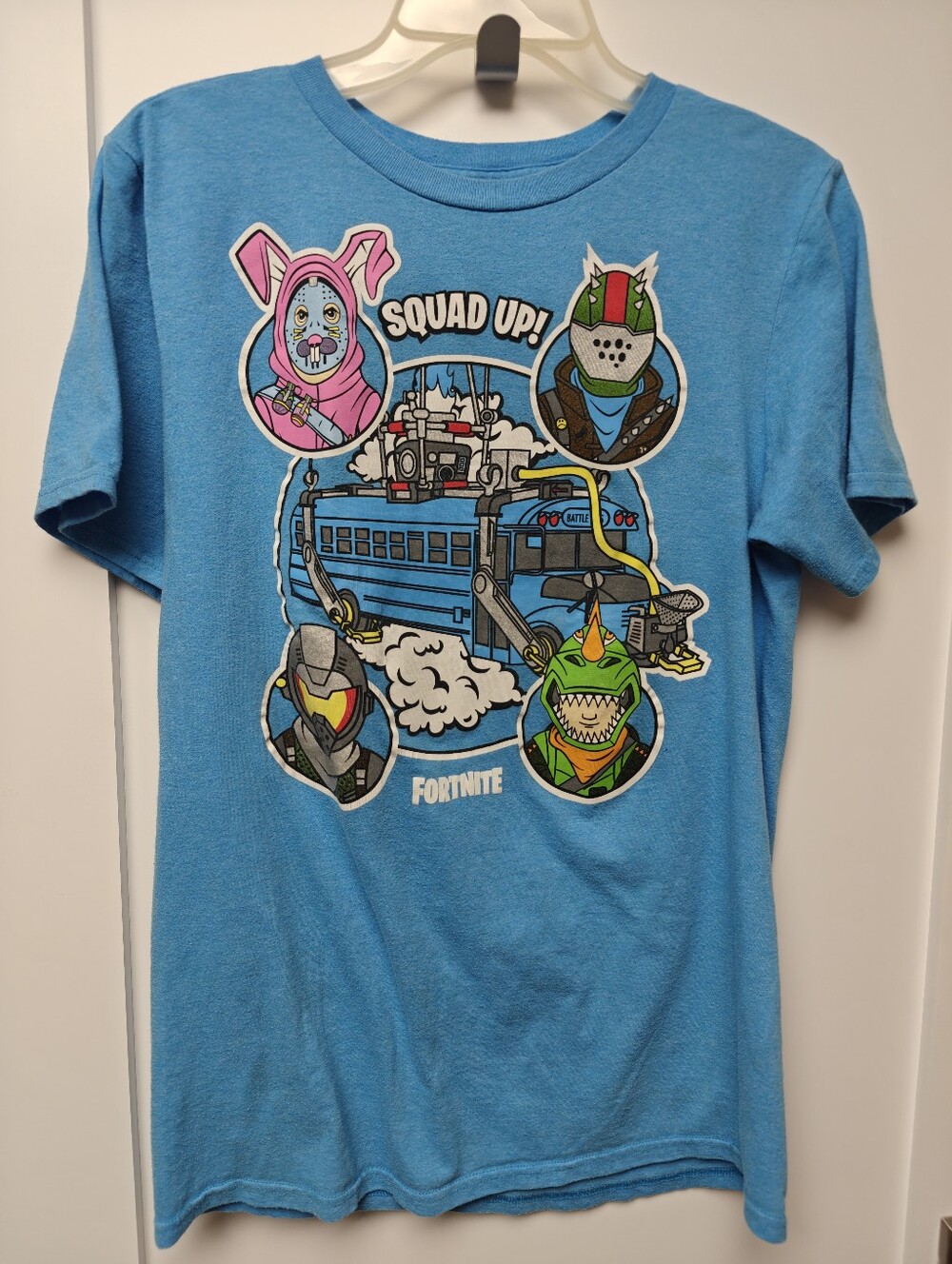 Fortnite "Squad Up!" Battle Bus t-shirt in blue featuring various character icon